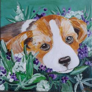 dog in flowers painting